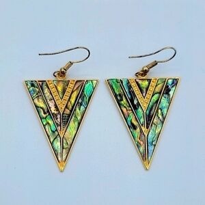 Vintage Goldtone Geometric V Shape Abalone Earrings #1216